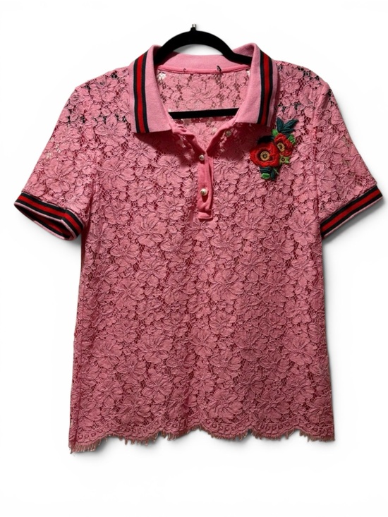 Tops - Pink Lace Polo Shirt with Floral Embroidery